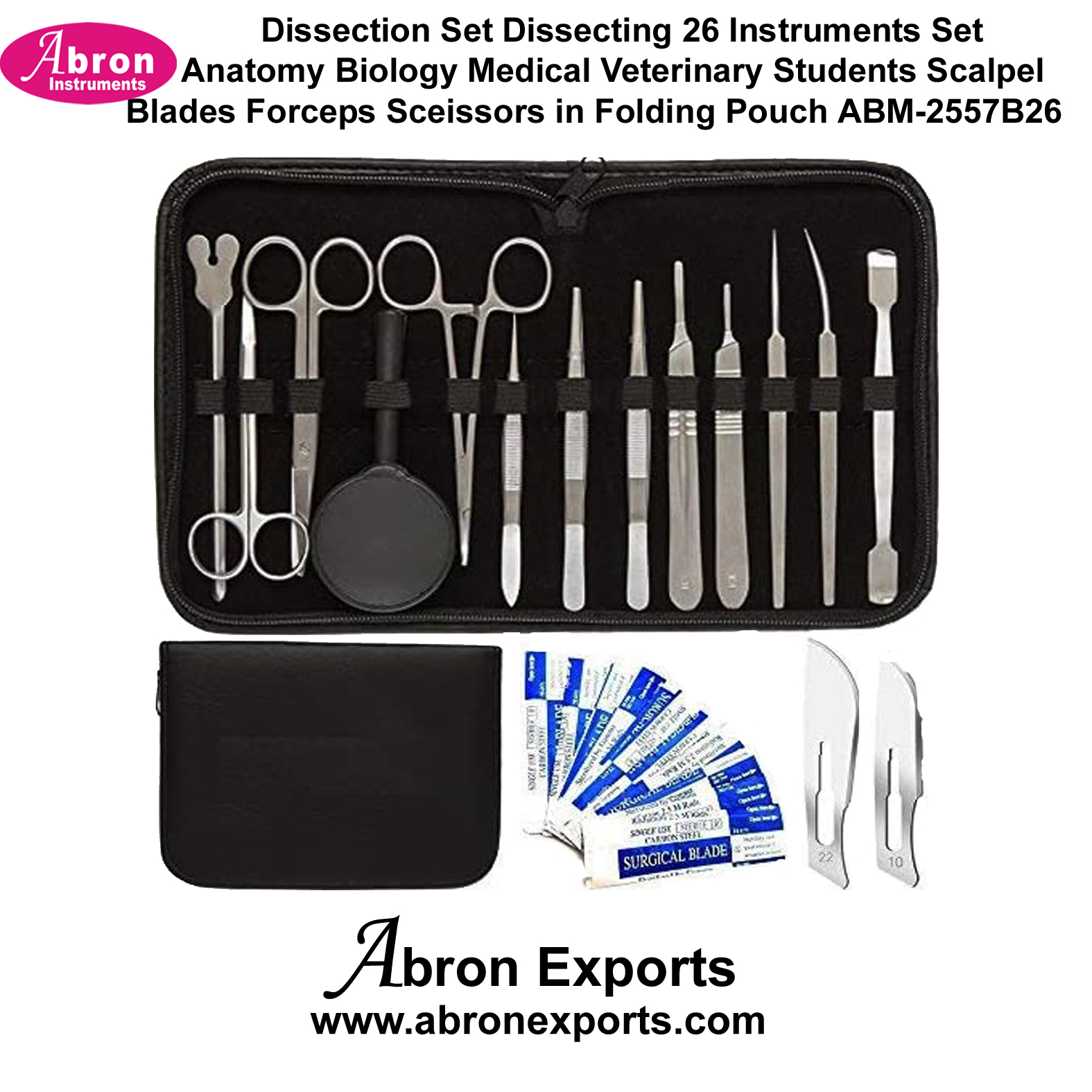 Dissection Set Dissecting 26 Instruments Set Anatomy Biology Medical Veterinary Students Scalpel Blades Forceps Sceissors in Folding Pouch ABM-2557B26 